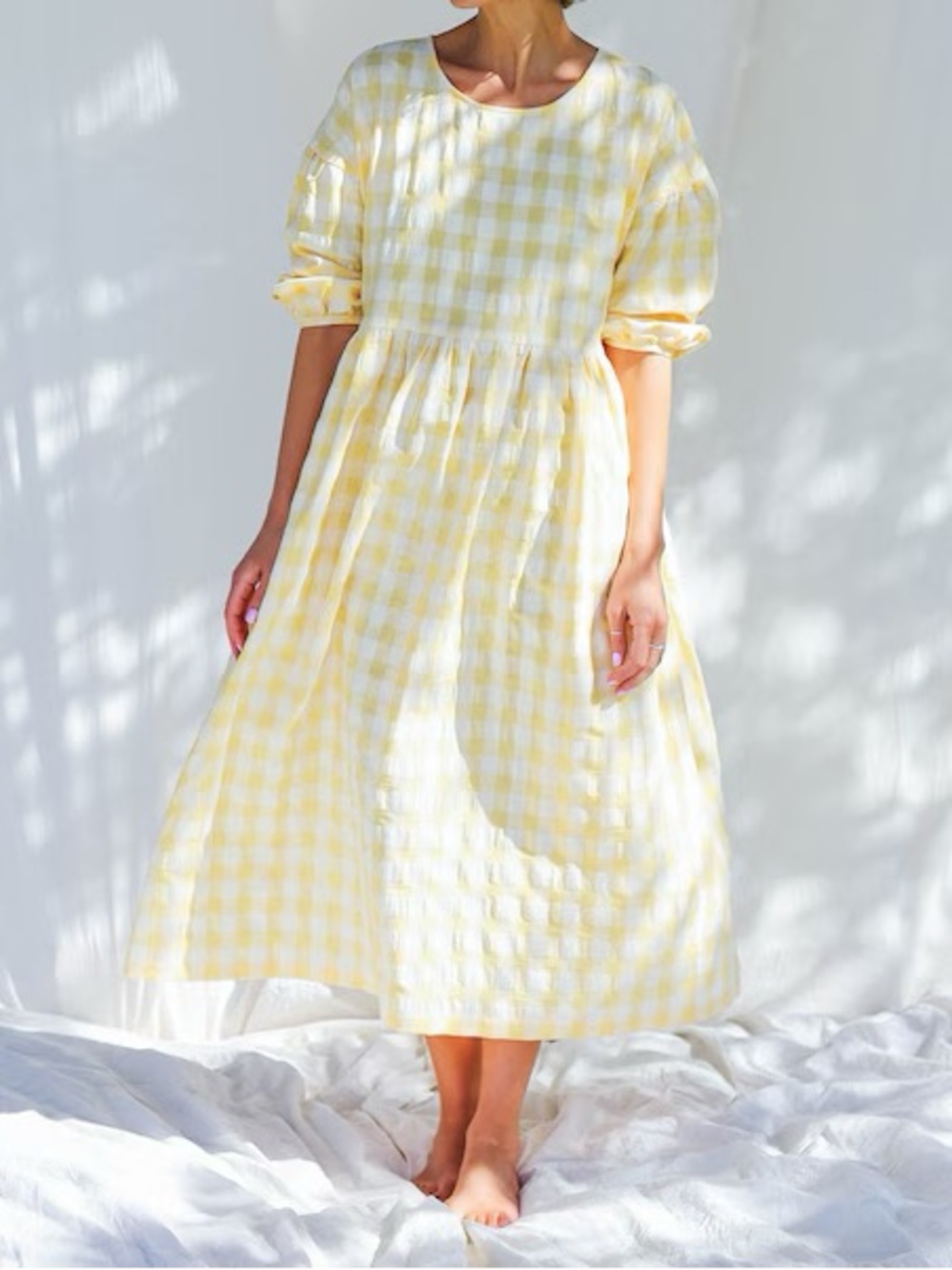 OFFON CLOTHING Perla Yellow Gingham Midi Dress Lightweight *Flaw* | Medium
